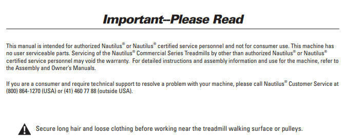 Nautilus Commercial Series Treadmills T912 T914 T916 Service