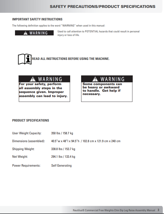 Nautilus Chin-Dip Leg Raise Assembly Manual