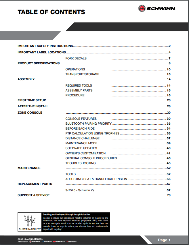 CORE HEALTH & FITNESS Z/X BIKES Owners Manual