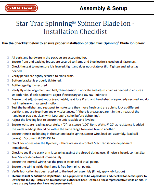Installation Checklist Star Trac Spinner Blade Ion