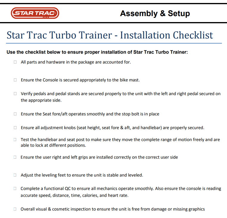 What is the installation checklist for the Turbo Trainer?